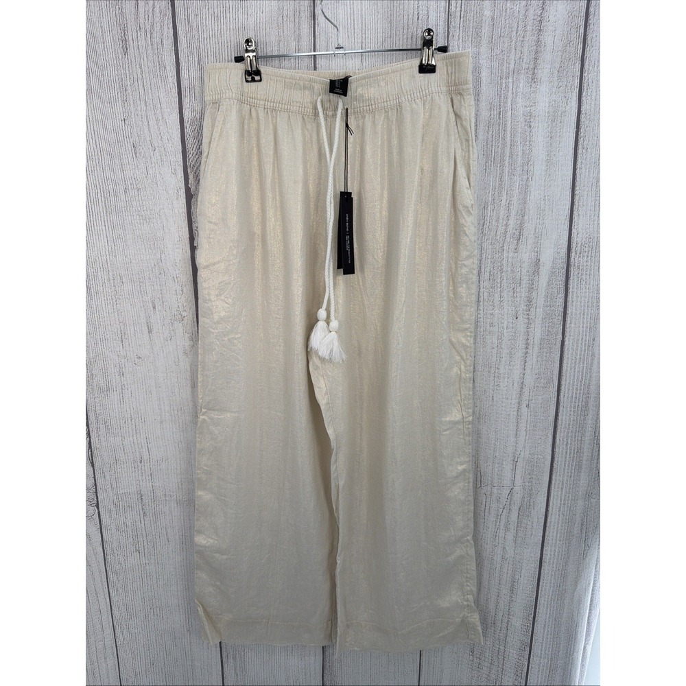 Tahari Linen Pants Womens LARGE Iridescent Gold Wide Leg Lagenlook Coastal